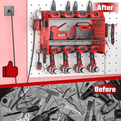 ZESEN Power Tool Organizer with Charging Station, Heavy Duty 3 Layer Drill Holder Wall Mount Garage Shelf Rack with 6 Outlet Power Strip, Tool Shelf with Hooks, Drill Bit Rack for Garage, Red - Thumbnail 5