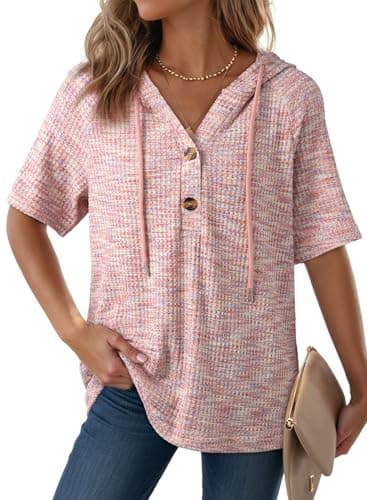 Dokotoo Spring Tops for Women 2026 Short Sleeve Boho Colorful Waffle Knit T-Shirts Drawstring Hoodies Button V Neck Tee Blouses Dressy Casual Summer Lightweight Soft Knitted Sweaters Pink X-Large - Image 1