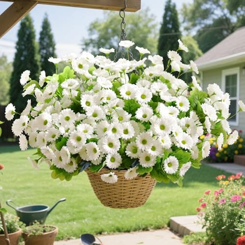 Waipfaru Artificial Flowers for Outdoors Faux Plants, UV Resistant Artificial Outdoor Flowers, White Silk Daisy Realistic Fake Mums Flower for Front Porch Spring Home Planter Patio Decor, 6 Bundles - Thumbnail 2