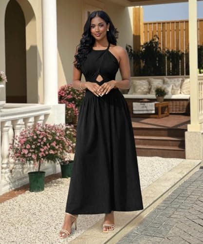 ABKY Women's Sexy Sleeveless Halter Neck Dress Criss Cross Tie Back Split Maxi Dresses Summer Beach Vacation Dress Black M - Thumbnail 6