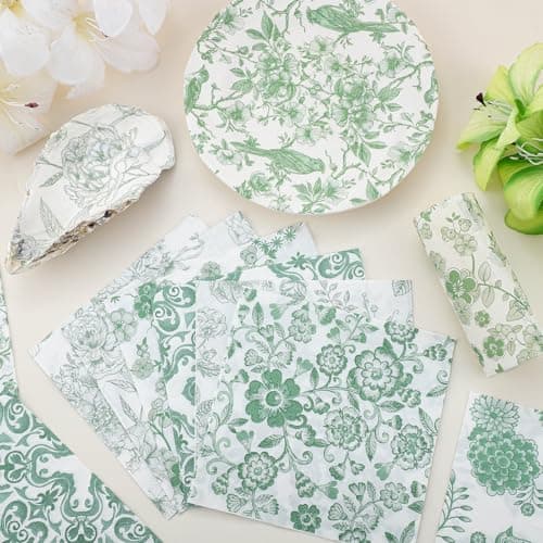16 Pcs 8 Styles Decoupage Napkins, Sage Green Floral Paper Napkins Chinoiserie Decorative Cocktail Napkin Pretty Printed Cocktail Paper for DIY Crafting Furniture Decor Birthday Party Baby Shower - Thumbnail 3