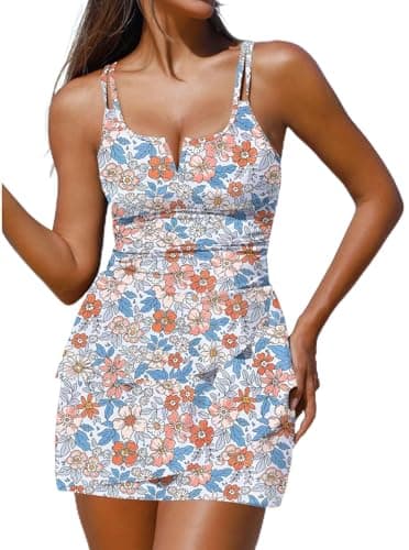 ZAFUL Womens One Piece Bathing Suits Tummy Control Swimsuits for Women Ruched One Piece Swimdress with Ruffle Skirt Orange Floral M - Image 1