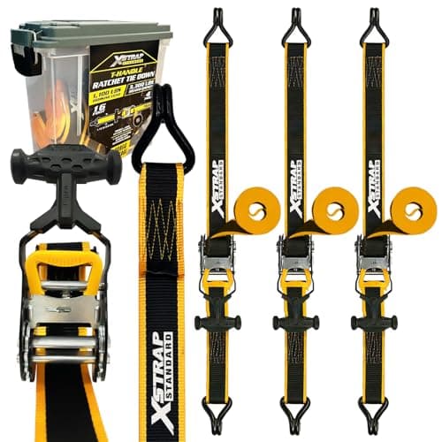 XSTRAP STANDARD 4-PK Ratchet Tie Down Straps - 1.5" x 16ft Heavy Duty 3300 lbs Break Strength Tie-Down, Ergonomic T-Handle with Double J Hooks & Ammo Storage Box for Truck, Motorcycle, ATV, Trailer - Image 1