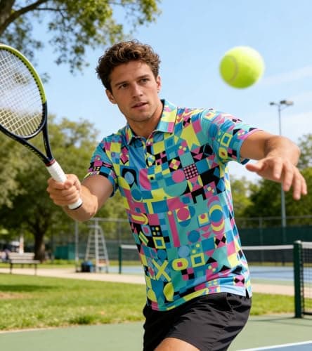 uideazone Mens Polo Shirts Athletic Dry Fit Golf Shirt 80S 90S Colorful Geometry Golf Polos Performance Tennis Shirt S - Thumbnail 3