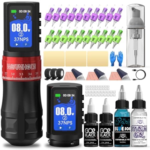 Wormhole Tattoo Gun Kit Professional Xtreme Tattoo Ink 2,300mAh Battery 20 Tattoo Needles with Extra Battery Wireless Tattoo Machine Kit Multi-function Smart Tattoo Pen 7 Strokes Length - Image 1