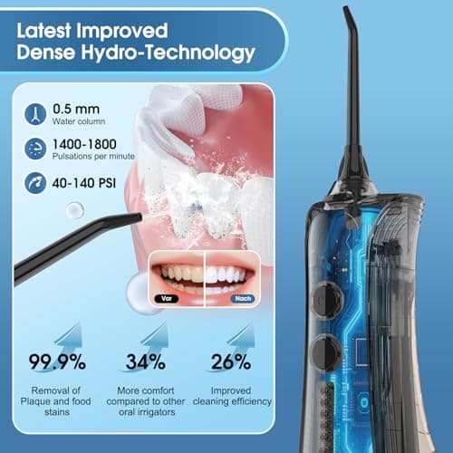 Leominor Water Dental Flosser - 5 Modes Cordless Portable Oral Irrigator, IPX7 Waterproof, Rechargeable Teeth Cleaner Upgrade Datchable Tank Professional Flossing Cleaning Pick for Home Travel (Black) - Thumbnail 3
