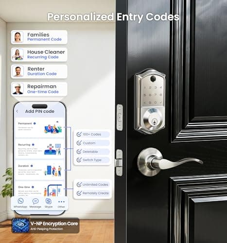 Veise VE017-L Fingerprint Smart Lock with Lever Handles, App Control, Keyless Entry Front Door Lock Set, Electronic Digital Keypad Deadbolt, Remote Grant, Emergency Power Port, Auto Lock, Satin Nickel - Thumbnail 3