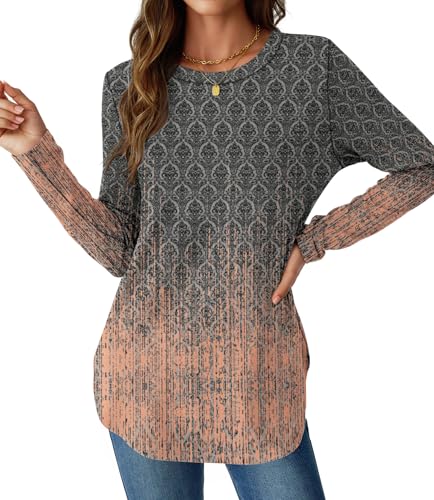 NORACORA Long Sleeve Shirts for Women Crewneck Basic Loose Tunic Tops Floral Beach Vacation Spring Fall Outfits Clothes 2025 dye Greycoral M - Image 1
