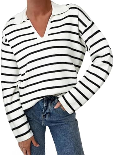 EVALESS Striped Pullover Sweaters for Women Polo V Neck Henley Shirt Cute Daily Winter Chunky Colorblock Sweater Autumn Top Thanksgiving Fashion Outfits L White