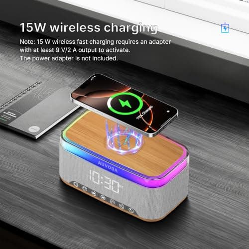 AUVODA S300 16W Stereo Bluetooth Speaker with 15W Fast Wireless Charging, 13-Color Night Light, Alarm, White Noise, FM Radio, Portable, TWS, BT5.3, for PC, Smartphone, Home, Office & Bedroom (Wood) - Thumbnail 4