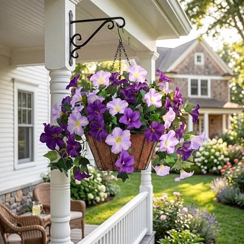 AMORISE 3PCS Hanging Artificial Flowers with Basket, Morning Glory Patio Decorations Outdoor Fake Hanging Decoration, Look Real UV Resistant Artificial Flowers for Outdoor Porch Patio Balcony(Purple) - Thumbnail 6