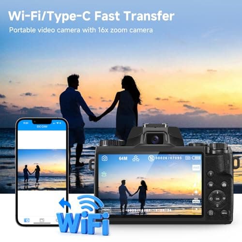 4K Digital Camera for Photography, 64MP Dual Lens Vlogging Camera with 4.0" Touchscreen, Point and Shoot Camera for Beginners Teens, WiFi Digital Camera with 16X Digital Zoom & 64GB SD Card - Thumbnail 5
