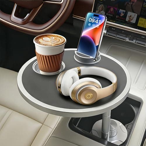 Car Food Tray & Car Table Tray with Car-Grade Aluminum Cup Holder & Phone Stand, Premium Wood with Leather Surface, 360° Rotating Car Desk for Laptop &Eating (Round, Black)