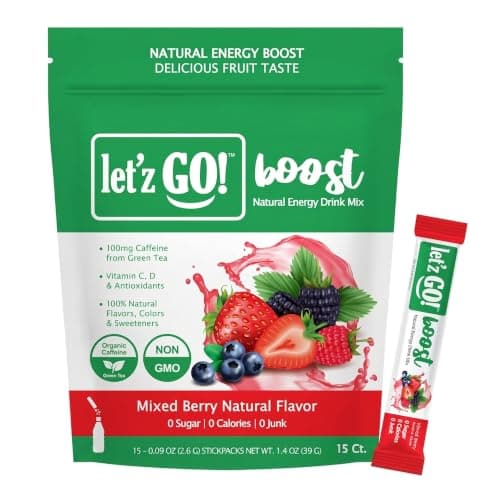 Let'z Go Clean Energy Drink Mix – Natural Caffeine Packets, Vitamins C + D, Electrolytes, Sugar-Free, Zero Calories | Anytime Energy | 15 Count (Mixed Berry)