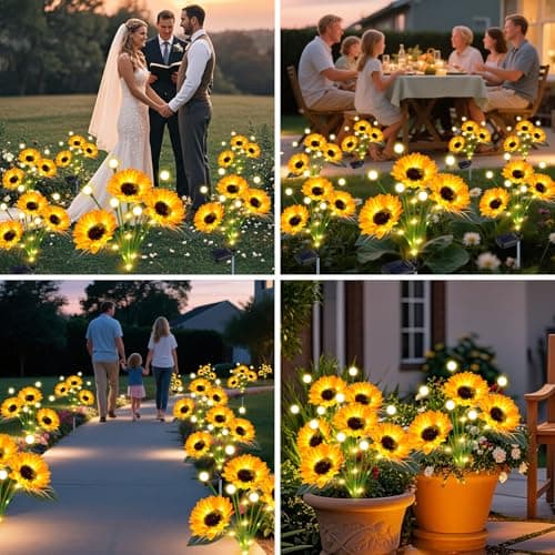 yeuago Sunflower Solar Lights Outdoor Garden Decor,Upgraded 4 Pack Solar Sunflowers with Firefly Lights Waterproof,Gifts for Mom Women Grandma,Garden Decor for Outside Yard Patio Pathway Lawn - Thumbnail 2