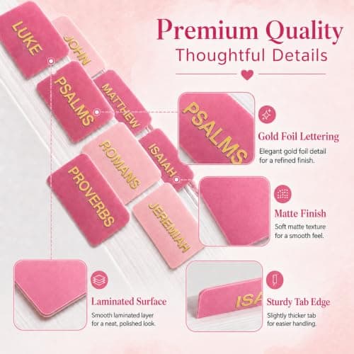 JIAANNING Pink Bible Tabs for Women, 90 Pcs Laminated Gold Foil Large Print Index Tabs, Easy Navigation Tabs for Bible Study & Journaling, Feminine Style - Thumbnail 4