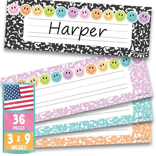 Hadley Designs Desk Name Tags for Classroom - 36 Student Desk Name Plates for Classroom Decor, 9x3 Smiley Nametags Cubby Labels Teacher Supplies, 1st 2nd 3rd Grade Kindergarten Preschool Must Haves