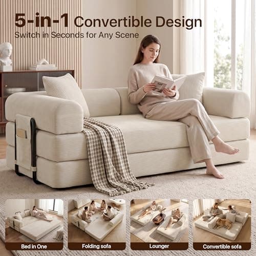 78.8Inch Convertible Sofa Bed, 5-in-1 Futon Sofa Bed Pull Out Couch bed, folding Boneless Couches for Living Room, Corduroy Boneless Couches for Bedroom, Apartment, No Assembly Sleeper Sofa(Off-White) - Thumbnail 3
