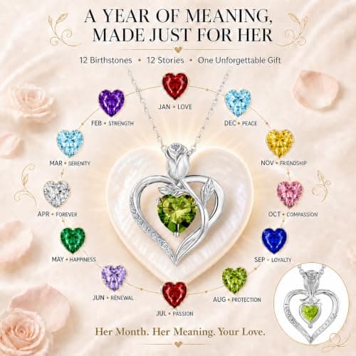 JACUPO Heart Birthstone Silver Necklace for Women(08 - Olive Green) - Thumbnail 2
