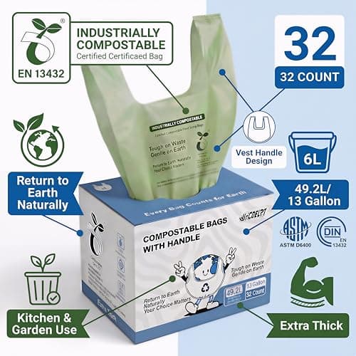 UFCOELPT 13 Gallon Compostable Trash Bags with Handles, 128 Count Bulk Value - Extra Thick 0.9 Mil Tall Kitchen Garbage Bags, Unscented Biodegradable Food Scrap Waste Bin Liners, Seedling Certified - Thumbnail 2
