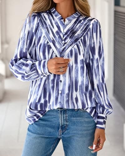 BTFBM Womens Tops Dressy Casual Spring 2026 Boho Floral V Neck Long Sleeve Half Button Down Shirt Work Business Blouses(Striped White Blue, Small) - Thumbnail 4