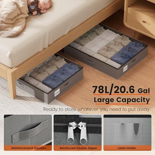 GEMWON XXXL 78L Under Bed Storage, Storage Containers with Support & Clear Lid, Support Frame, Underbed Storage Bins for Clothes, Shoes, Blankets, and Toys 2 pack (78L) - Thumbnail 4