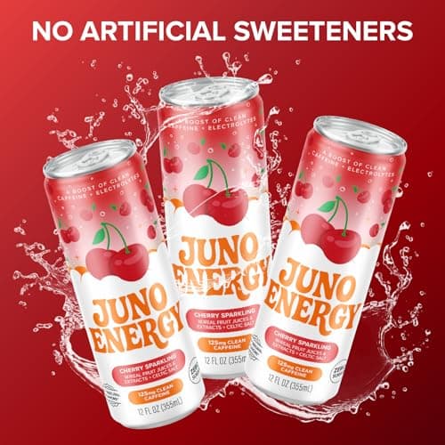 JUNO ENERGY Organic Cherry Sparkling Energy Drink - Sugar Free, Energizing and Hydrating with 125mg Organic Caffeine from Green Coffee Beans, Stevia, Organic Sour and Black Cherry Juice & Electrolytes - Vegan, Gluten Free, 12 Pack - Thumbnail 6