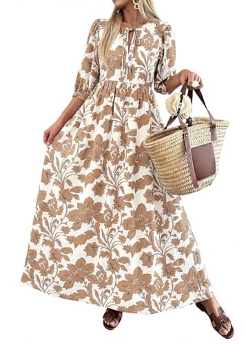 KIRUNDO Summer Dresses for Women 2026 Spring Wedding Guest Boho Floral 3/4 Sleeve Beach Vacation Cruise Flowy Maxi Dress(Khaki, Small) - Image 1