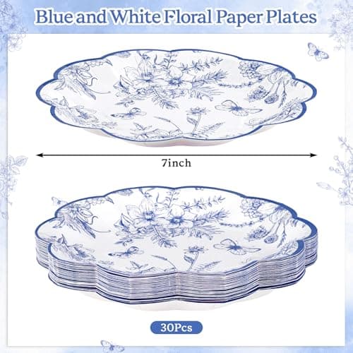 NatNarr 30 Pcs Blue Floral Paper Plates, 7 Inch Tea Party Plates Vintage Chinoiserie Flower Plate Disposable Blue and White Dessert Plate for Spring Garden Party Baby & Bridal Shower Birthday Wedding - Thumbnail 2