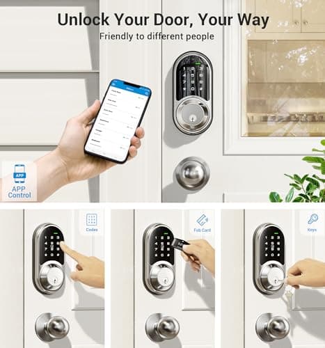 Veise RZ06C Smart Locks for Front Door, 2 Knob Handle Set, Keyless Entry Deadbolt, App Control, Electronic Touchscreen Digital Keypad, Auto Lock, Easy Installation, IP54 Waterproof, Satin Nickel - Thumbnail 2