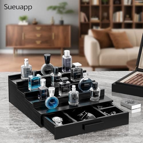 Sueuapp Walnut Wood Cologne Organizer for Men,4 Tier Cologne Stand,Perfume Stand Organizer,Cologne Shelf Display Holder with Hidden Storage and Drawer,Great Gift for Men,Black - Thumbnail 4