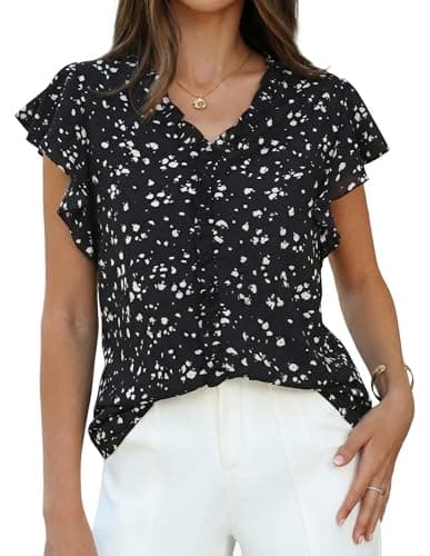 GRACE KARIN 2026 Boho Tops for Women Dressy Casual,Ruffle Sleeve Chiffon Blouses,V Neck Summer Fashion Clothes Black S - Image 1