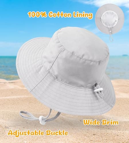 Baby Sun Hat Toddler Bucket Hats UPF 50+ Kids Summer Sun Protection Beach Hat for Boys Girls (US, Age, 0 Months, 6 Months, White and Grey) - Thumbnail 5