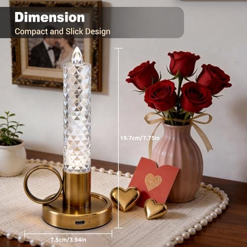 JandCase Flameless Candles, Rechargeable Taper Candles Battery Operated, LED Acrylic Crystal Pillar Candles, 0.4W Dimmable Small Cordless Table Lamp for Valentines Wedding Centerpiece Decorations - Thumbnail 5