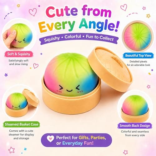 Mystery Squishies Dumplings, Rainbow Dumpling Squishies, Colorful Bao Bun Squishys with Food Steamer Box, Giant Dumpling Stress Ball, Soft Squeeze Desk Toy, Washable Fidget Sensory Toy - Thumbnail 6
