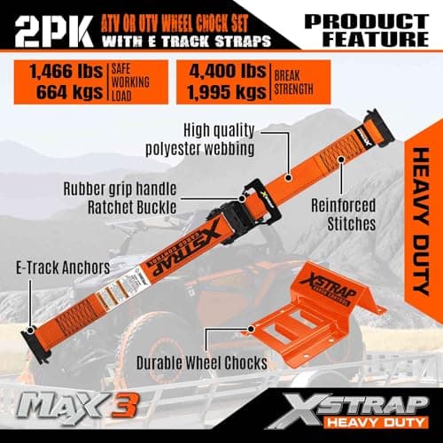 XSTRAP STANDARD Wheel Chock E-Track Tie Down Straps Kit, 2 Pack 2’’ x 9FT Over-The-Tire Ratchet Straps with Steel Wheel Chocks, 1466 lbs WLL for ATV, UTV, Lawn Mower, Trailer Hauling, Orange - Thumbnail 4
