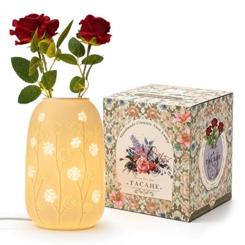 TACAHE Ceramic Vase Table Lamp, 2700K Bulb & 3 Artificial Flowers Included, E12 Socket, Inline Switch, Handmade Openwork Craft, Ambient Light for Living Room Bedroom - Dandelion 9" - Image 1