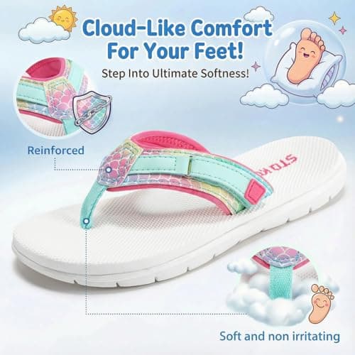 Girls Flip Flops Kids Sandals Summer Beach Non Slip Outdoor & Intdoor Little/Big Girl Comfortable Fashion Lightweight Soft Bathroom Pool Swimming Shower Home House Sport White Teal Big Kid 5 - Thumbnail 4