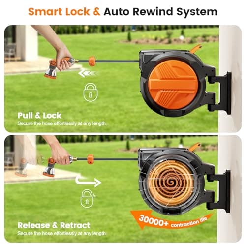 Retractable Garden Hose Reel 1/2” x 100ft, Auto Rewind Hose Reels for Outside, Heavy-Duty Wall-Mounted Outdoor Hose, 10-Mode Nozzle, Adjustable Length, 180° Rotation for Watering, Car Washing - Thumbnail 4