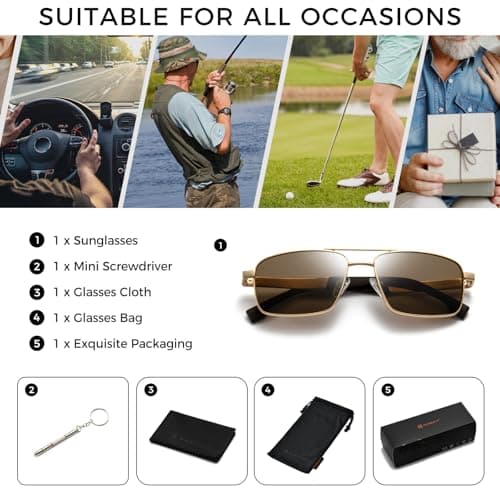 SUNGAIT Classic Rectangle Sunglasses Men Adjustable Anti-slip Temple Polarized UV400 Protection for Driving Fishing Golf(Gold Frame/Brown Lens) - Thumbnail 5