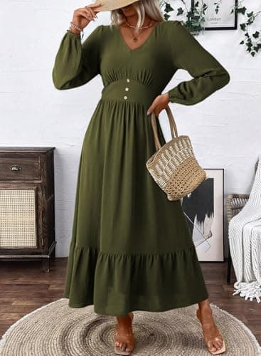 Dokotoo Women's Fall Dress Long Sleeve V Neck Tiered A Line Maxi Dress 2026 Ruffle Elegant Flowy Spring Cocktail Party Dresses Sundresses for Wedding Guest Green XX-Large - Thumbnail 3