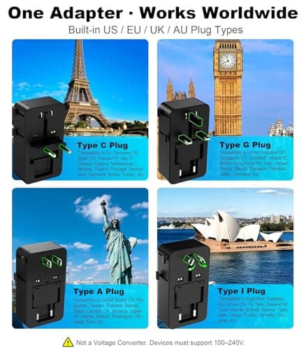 Jasput Universal Travel Adapter, 2026 Ultra-Slim Mini International Plug Adapter with 2 USB-C & 1 USB-A, PD 67W Fast Charging, 1 AC Outlet,Compatible with EU/UK/AU/Asia, Travel Essentials - Thumbnail 4
