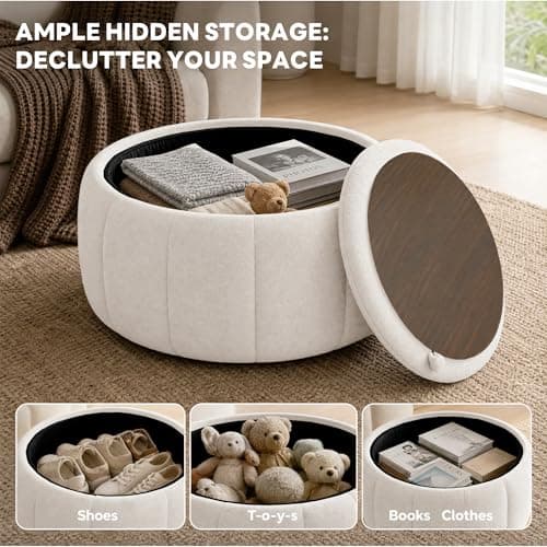 Tbfit Round Storage Ottoman with Hidden Storage, 27.2 x 27.2 x 15.8 Inches - Thumbnail 3