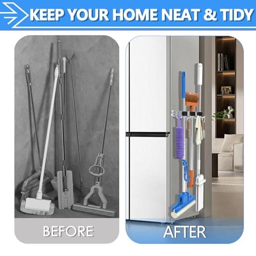 3-H Magnetic Broom Holder Wall Mount 2 Pack, 2-in-1 Dual Mount (No Drill or Screw Fix), 304 Stainless Steel Heavy Duty Magnet Mop Broom Organizer for Kitchen Garden Garage(4 Racks & 5 Hooks,Silver) - Thumbnail 6