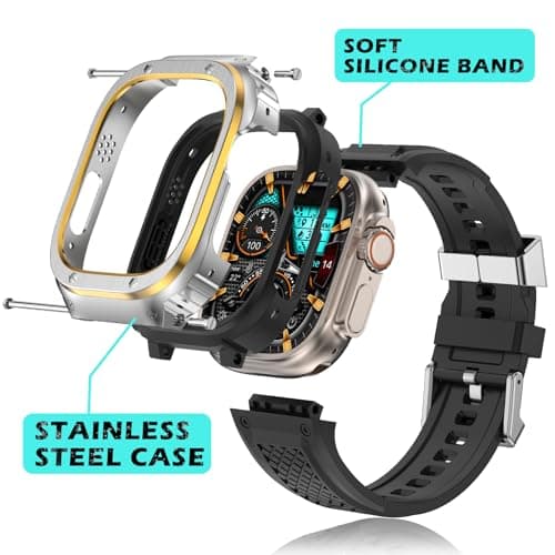 Deczone Band with Stainless Steel Case Compatible with Apple Watch Series Ultra 1 2 3 49mm Band, iwatch Bands Rugged Metal Protective Cover for Men (Silver Gold) - Thumbnail 4