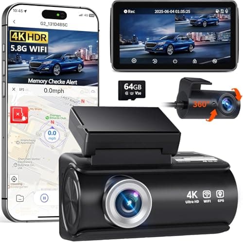 Faninso Dash Cam Front and Rear, 4K Full HD Dual Dash Camera for Cars, Built-in Memory Card Monitoring, 64GB Card, 5G WiFi GPS, Car Camera with 3" IPS Screen, 2160P Night Vision, 24H Parking Monitor - Image 1