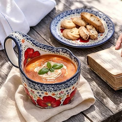 ALMA 2026 Updated Soup Bowls With Loop Handles Microwave & Oven Safe, 18oz Handpainted Flower Soup Mug for Women, Decorative Ceramic Cereal Bowls For Soup,Fruits,Stew,Ice cream,Snack-Red Lily Theme - Thumbnail 2