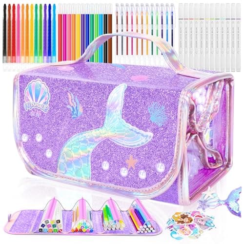 70PCS Mermaid Washable Markers Set with Glitter Pencil Case,Art Supplies for Kids Ages 4-6-8,Drawing Coloring Art Craft Kits for Girls with Marker,Glitter Pens,Crayon,Birthday Gifts Toys for Girls - Image 1