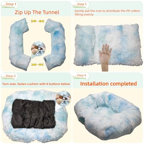 XxingSheep XL Cat Tunnel with Bed for Indoor Cats Peekaboo Cat Cave Donut Toy with Warm Mat,Azure Blue - Thumbnail 6