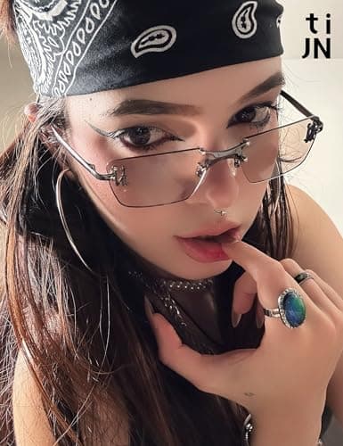 TIJN Rimless Blue Light Glasses for Women Men, Retro Y2K Rectangle Tinted Lens Glasses, Screen Fatigue & UV Protection - Thumbnail 2